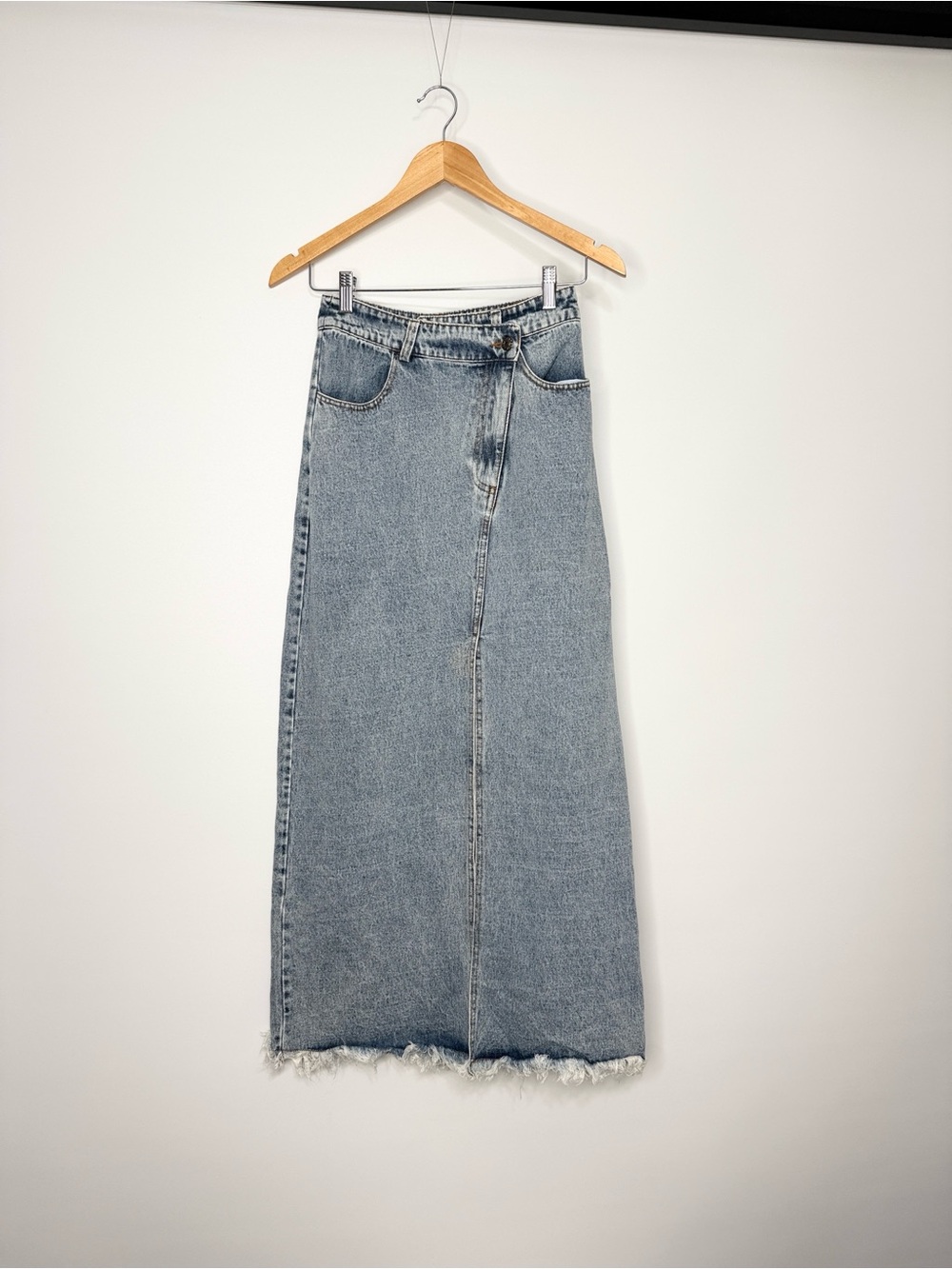 Oneleven High-Waist Raw Hem Denim Maxi Skirt - Light Blue Size Small